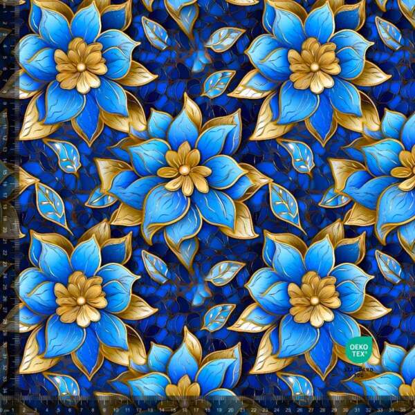 Blue-gold-flowers-repeat-measurement.jpg Jersey print with Flowers 15 (blue/gold) digital print jersey fabric 220 g/m²
