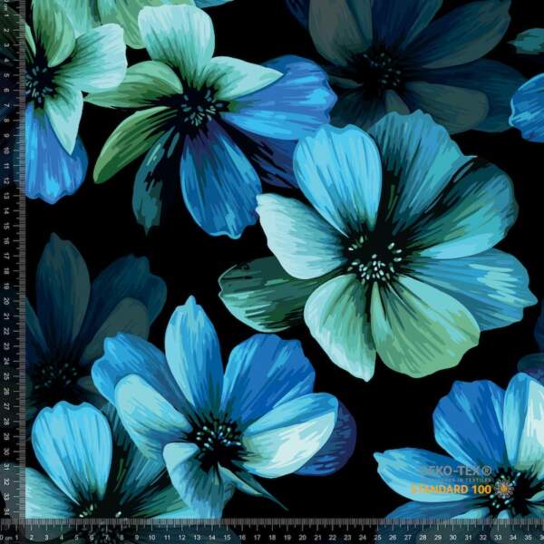 Digital print cotton jersey fabric with elegant blue flowers and lycra