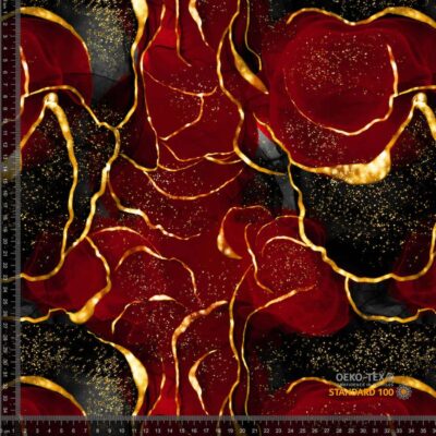 Printed cotton jersey fabric with marble colors in gold and bordeaux – digital print 220 g/m²