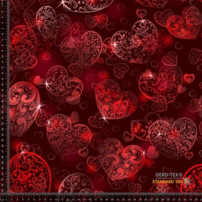 Printed jersey fabric with Christmas hearts, digital print, 220 g/m², 160 cm