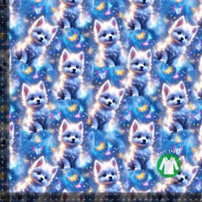 Cotton jersey print with cute dogs 2 in blue and white, digital print fabric 220 g/m²