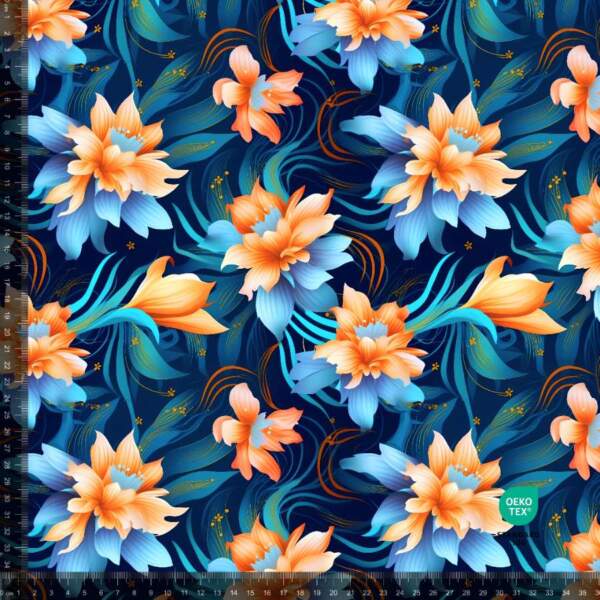 Jersey print with blue and orange flowers - digital print jersey fabric 220 g/m²