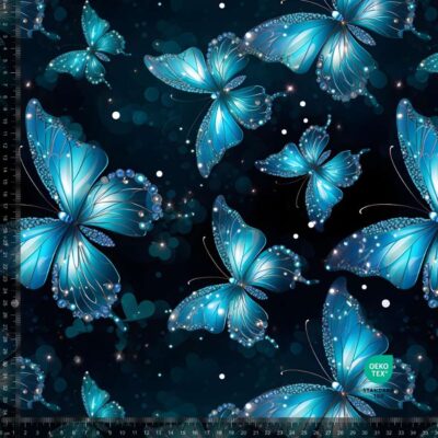 Jersey print with butterflies in blue and black -- digital print jersey fabric 220 g/m²
