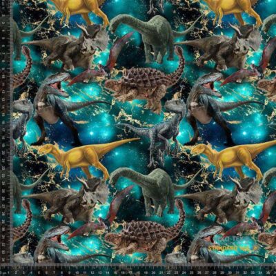 Printed cotton jersey fabric with dinosaur galaxy digital print