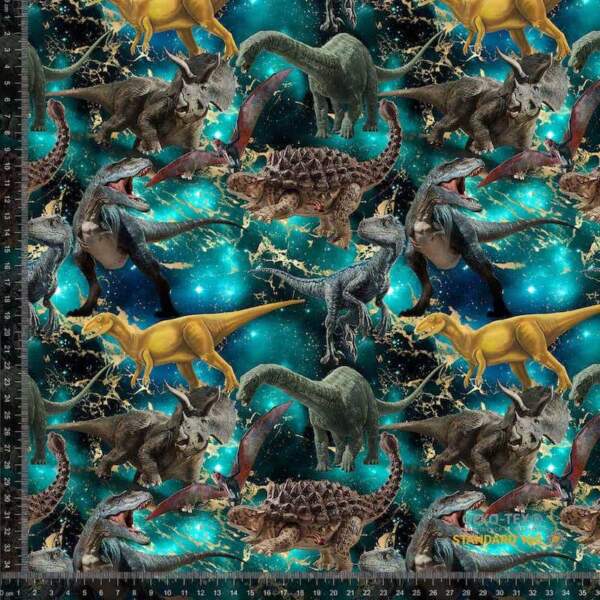 Printed cotton jersey fabric with dinosaur galaxy digital print