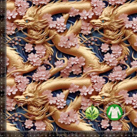 Bambus jersey med print drage motiv 95% bambus 5% lycra 220-240 g/m²