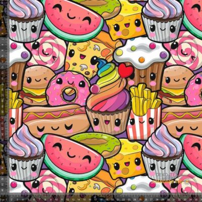 Funny foods printed jersey fabric, multi-colour digital print, 220 g/m²