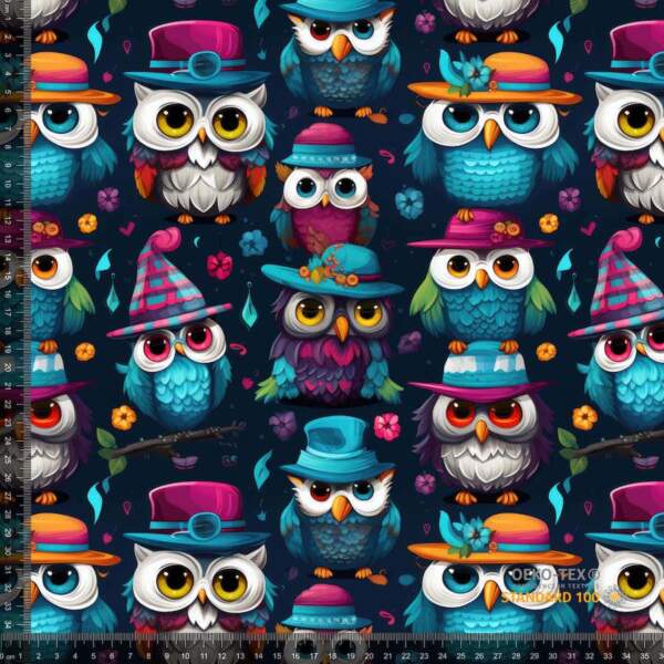 Funny-Owls-measurement-min.jpg Digital print jersey with animated owls on navy background, 220 g/m²