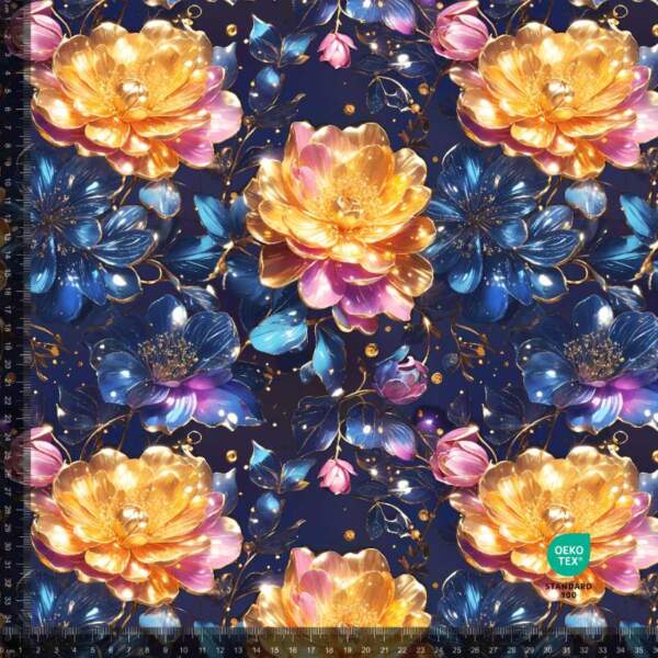 Japanese gold flowers printed jersey – digital print jersey 220 g/m²