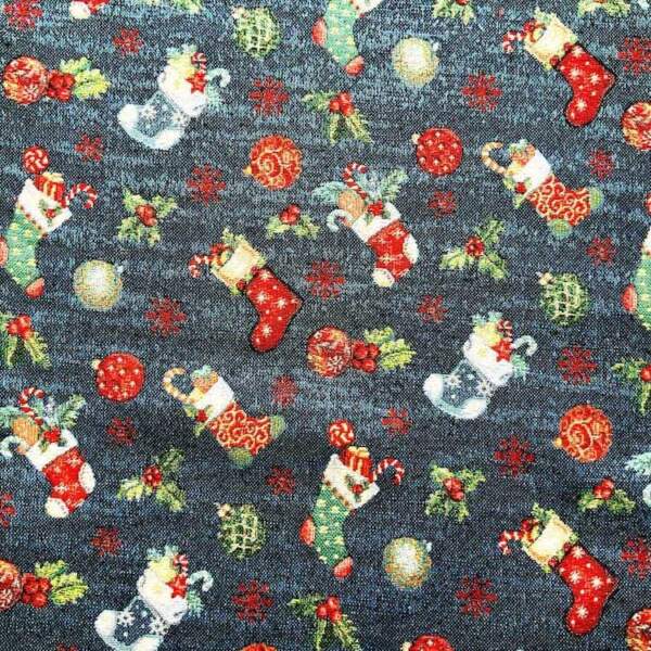 Gobelin - Christmas socks julestof, 413 g/m², 140 cm bred, blå og rød
