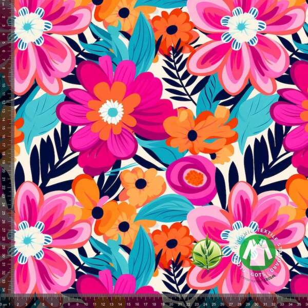 Digital print bamboo jersey with pink and orange flowers 220-240 g/m²