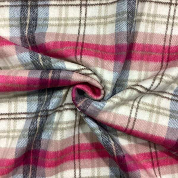 Pink and blue tweed checks woven fabric, 70% cotton, 30% polyester