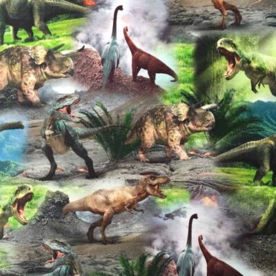 Jersey print med dinosaurer i brunt og grønt -- digitalprint på 95% bomuld og 5% lycra