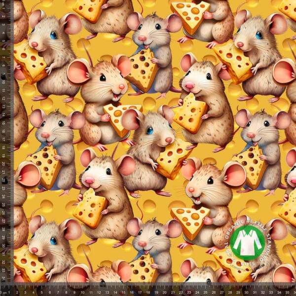 Jersey print Mouse N' Chesse i brun og gul – digitalprint jersey 200 g/m²