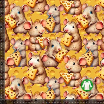 Printed jersey fabric Mouse N' Chesse in brown and yellow -- digital print jersey 200 g/m²