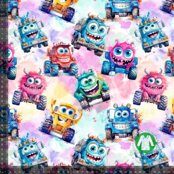 Printed jersey fabric with fun monster cars - digital print jersey