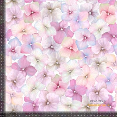 Printed cotton jersey fabric with pastel flowers, 220 g/m²
