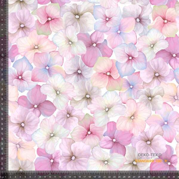 Printed cotton jersey fabric with pastel flowers, 220 g/m²
