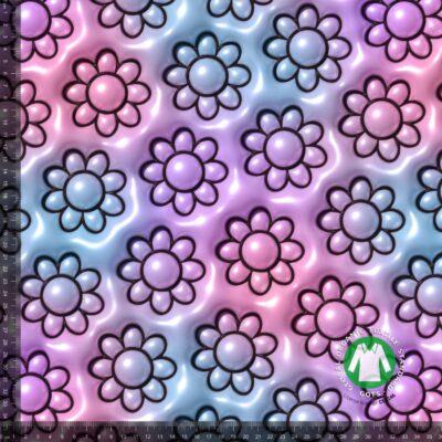 Printed cotton jersey with puffy flowers 1 in blue and pink on cotton jersey