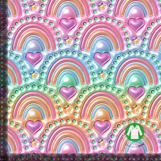 Jersey print med puffy regnbuer – digitalprint jersey stof i blå og pink