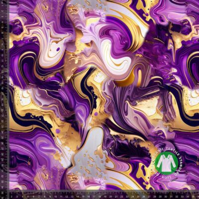 Digital print jersey fabric with purple and gold marble look