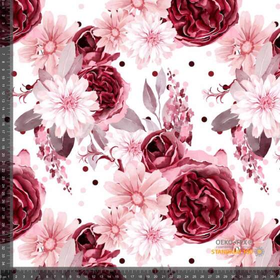 Jersey print med lyserøde og røde blomster digitalprint jersey stof 220 g/m²