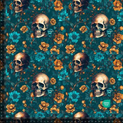 Jersey print with Skulls & blue/orange flowers