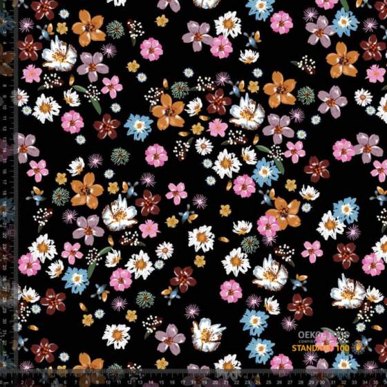 Jersey-print med mange små blomster i sort, digitalprint jersey i bomuld og lycra