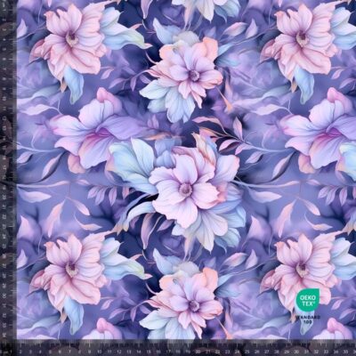 Printed cotton jersey with pastel lilac flowers, 220 g/m², 160 cm wide