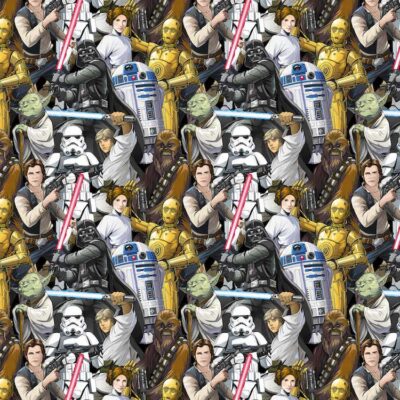 Star Wars 4 lisenssipainatus jersey musta valkoinen kulta puuvilla-lycra 200 g/m²