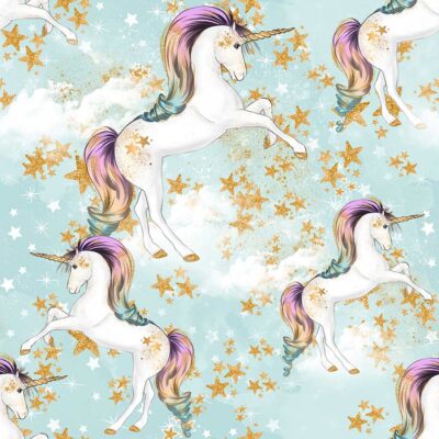 Jersey print with unicorns and stars - Mint green base - Image 1