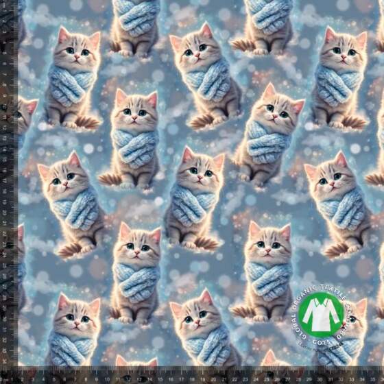 Jersey print med vinter katte 1 i blå og hvid på bomuldsjersey