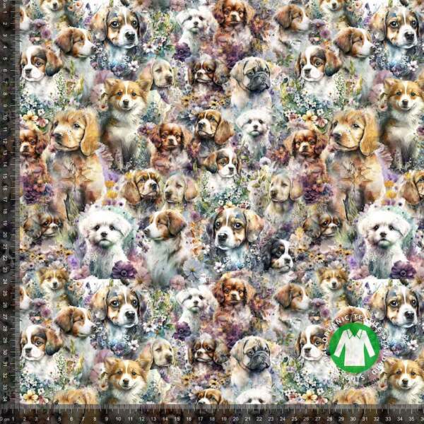 Jersey print with watercolour dogs, digital print jersey fabric 220 g/m²
