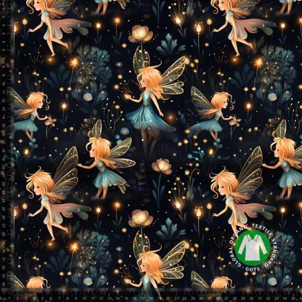 fairies3-measurement.jpg Printed jersey fabric with fairies in gold and black digital print jersey fabric 220 g/m²