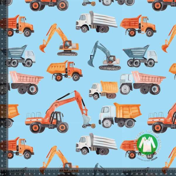 Construction world 2 - measurement-min-min Printed jersey fabric with different machines in blue digital print on cotton/lycra