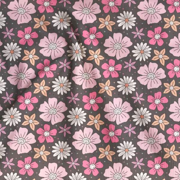 Rib jersey - Pink flowers (Brown)