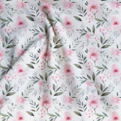 Rib jersey - Pink flowers with leaves