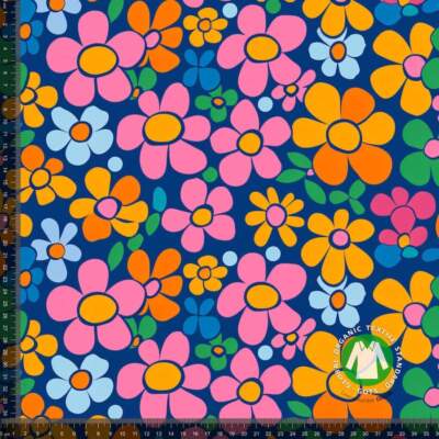 Jersey print with large retro flowers in multi colours - digital print jersey 220 g/m²