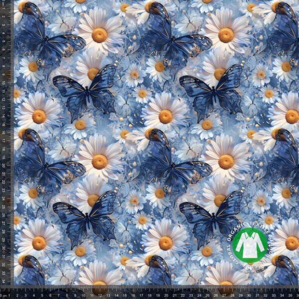 GlassButterfliesonDaisies-tiled – measurement-min-min Jerseyprint med elegante blå sommerfugle