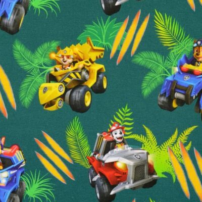 Paw Patrol med biler licensprint jersey stof i bomuld og lycra
