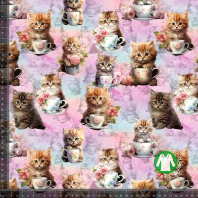 Digital print cotton jersey with cute cats and cups in cotton/lycra
