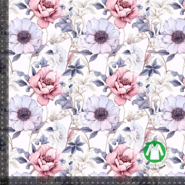 Blooming spring - measurement Blooming Spring digital print jersey with pink and lilac flowers
