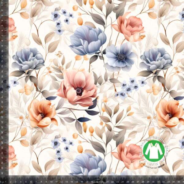 Digital print jersey fabric with bright flowers, 200 g/m² and 150 cm wide, GOTS