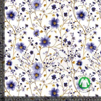 Digital print jersey fabric with golden lilac flowers, GOTS, 200 g/m², 150 cm wide