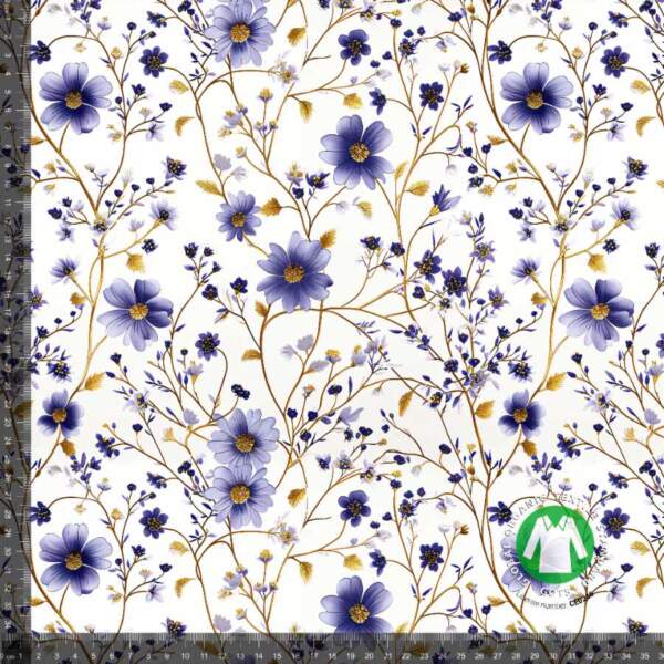 Elegant flower (new) - measurement Digital print jersey fabric with golden lilac flowers, GOTS, 200 g/m², 150 cm wide