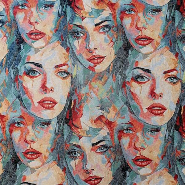 GOBELIN BIG FACES-min Gobelin Faces jacquard woven upholstery fabric in blue and red shades