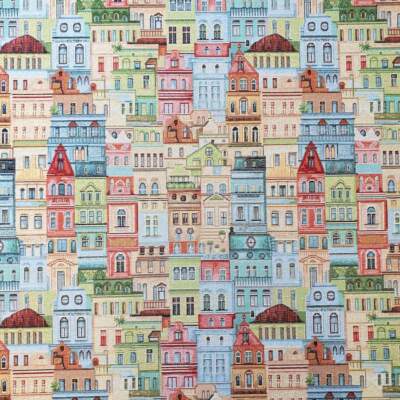 Gobelin City jacquard woven upholstery fabric in beige and blue, 140 cm wide