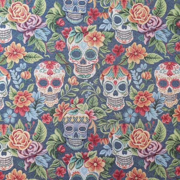 Gobelin Skulls AZ jacquardvævet boligstof i blå nuancer, 360 g/m²