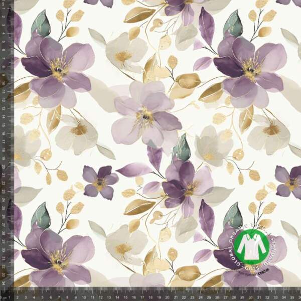 Golden branch - measurement Jersey print with golden spring flowers