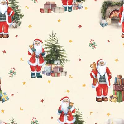 Christmas poplin with Santas and gifts